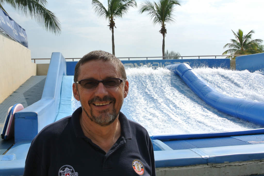 Heinz Iten and the Flowrider at the Wave House Sentosa in Singapore - Layback Travel | Surf Travel Magazine